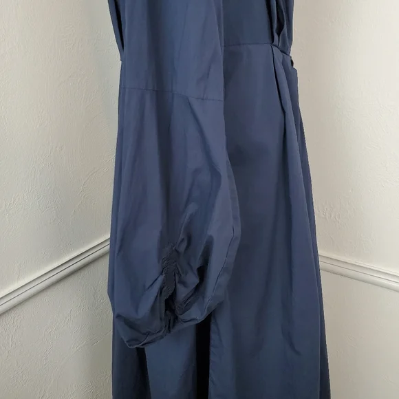 Eshakti Dress Bishop Sleeve Cotton Poplin Pleated Navy Blue Modest Classic Midi - Picture 12 of 15